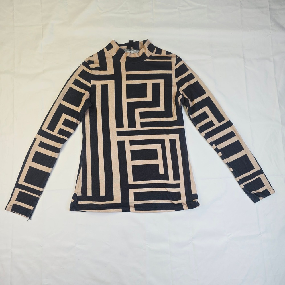 Stylewe Geometric Maze Mock Neck Top Women's Size Large Black Tan Long Sleeve